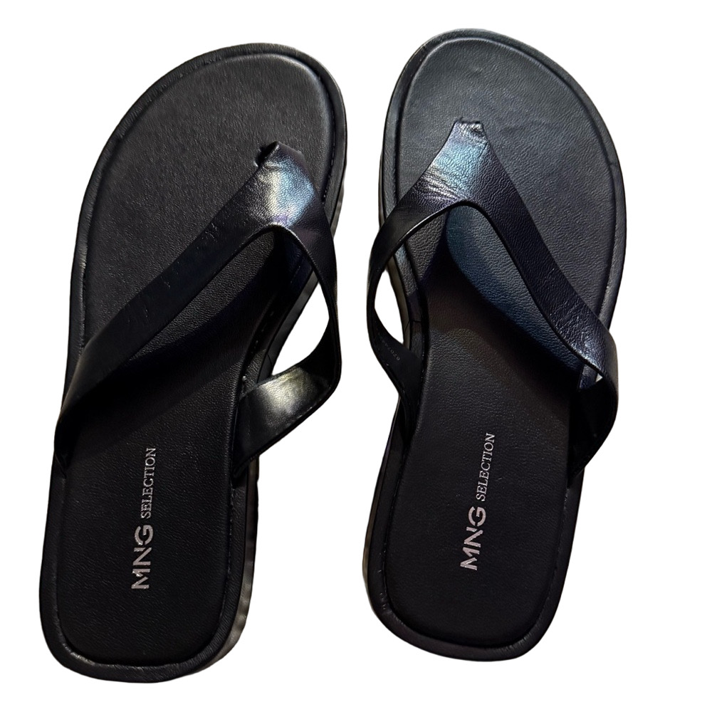 Mango Black Leather Thong Sandals